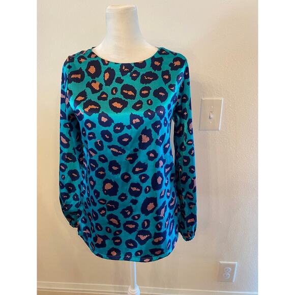 Tracy Negoshian satin teal animal leopard print Blouse XS - Picture 1 of 4